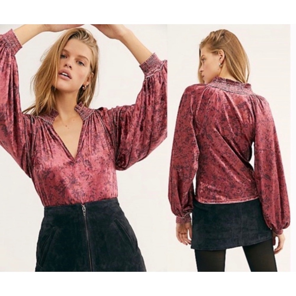 Free People Velvet Blouse Womens S Burgundy Boho Smocked Neck Balloon Sleeve